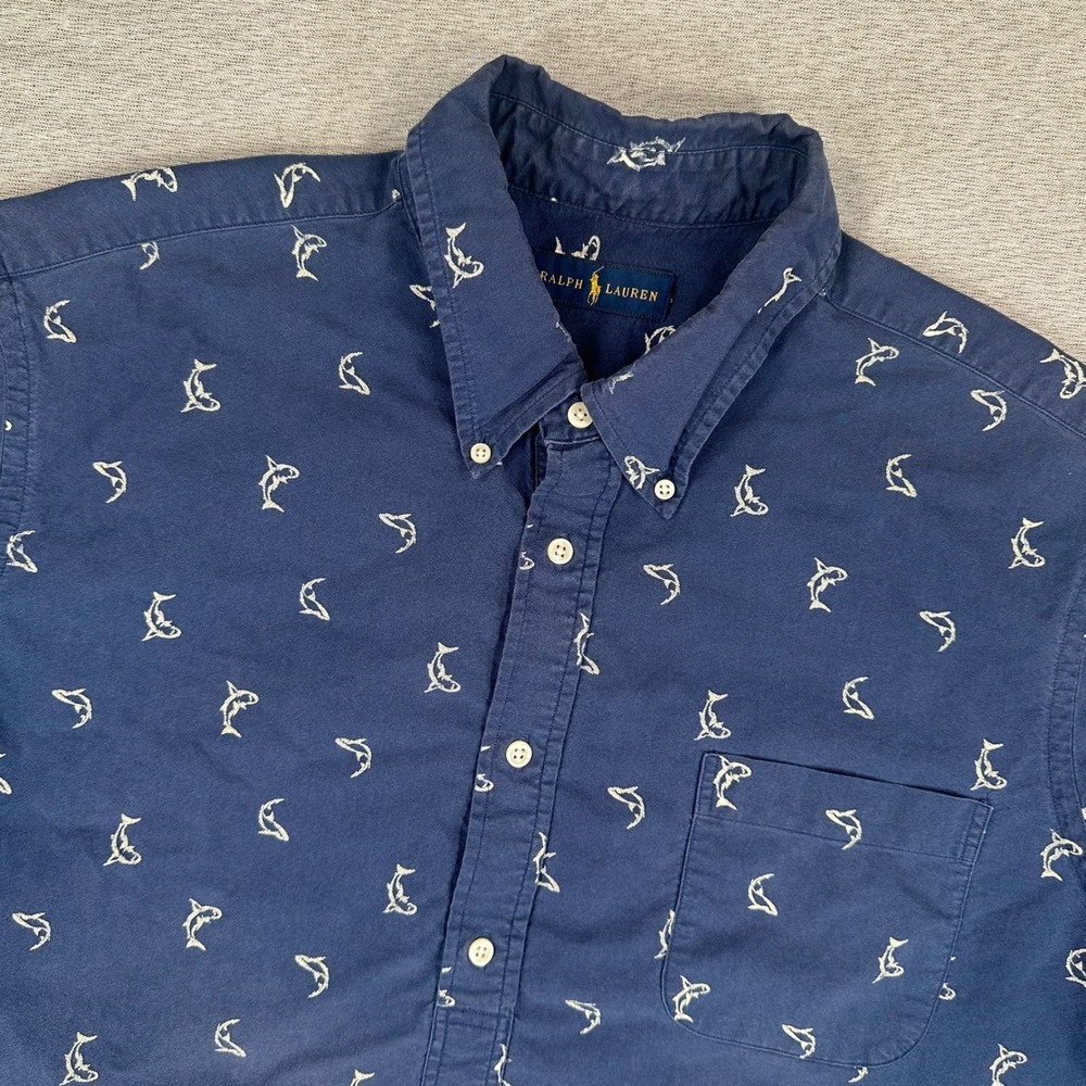 Ralph Lauren Popover Shirt Mens 2XL Navy Blue Shark AOP Cotton Short Sleeve